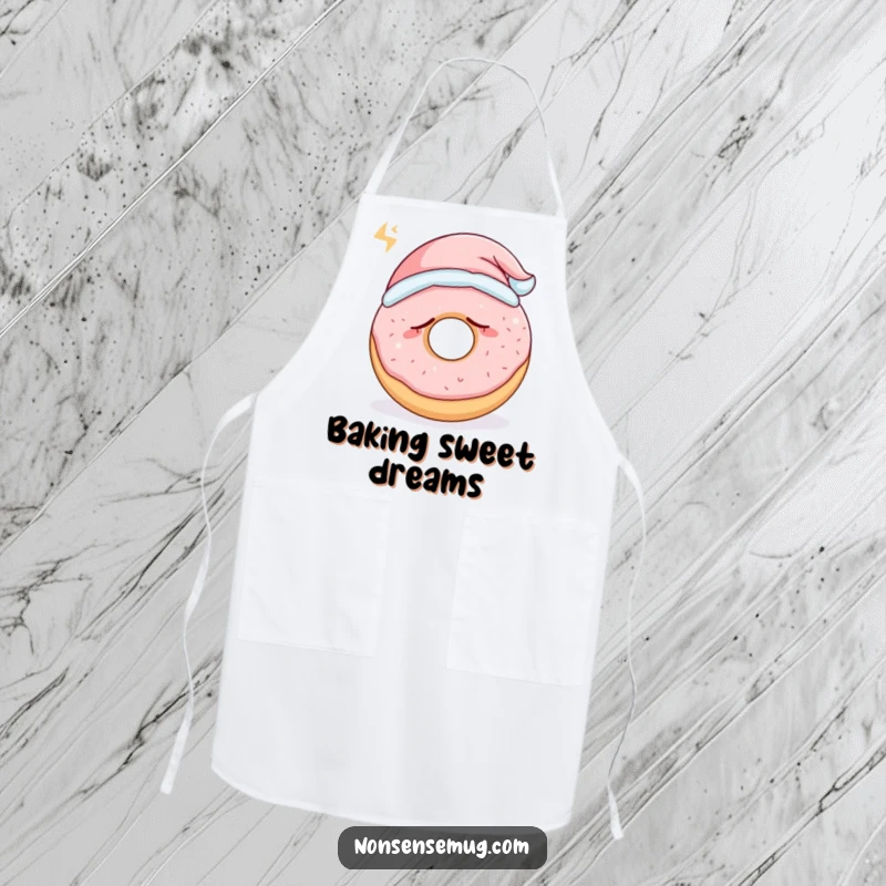Funny sleepy donut wearing a tiny nightcap and snoring loudly, on a kitchen apron, a charming funny gift.