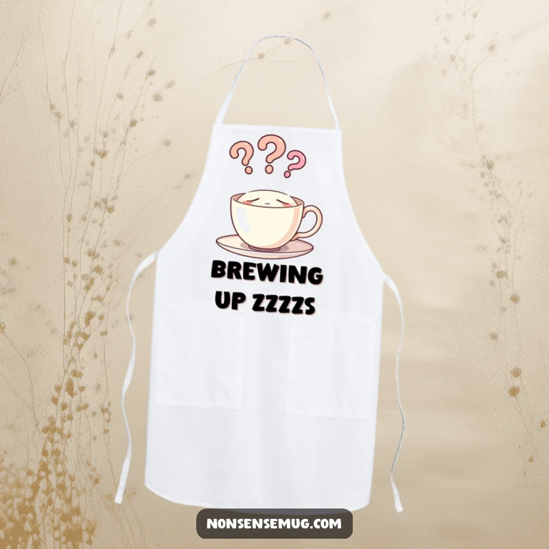 Funny kitchen apron with a sleeping teacup and question mark steam, perfect for adding humor during cooking or baking.