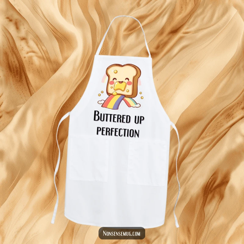 Funny toast with butter, on a rainbow slide, printed on a functional apron, a cheerful funny gift.