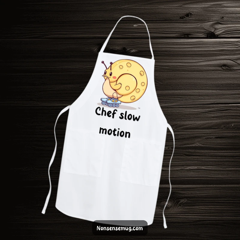 Funny apron: A snail on roller skates struggles to move a giant wheel of cheese, ready to cook with determination.