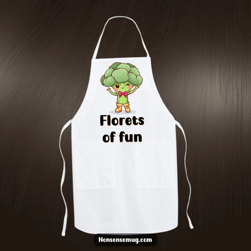 Funny broccoli, dancing with tiny boots and a bow, on a functional apron, an amusing funny gift.