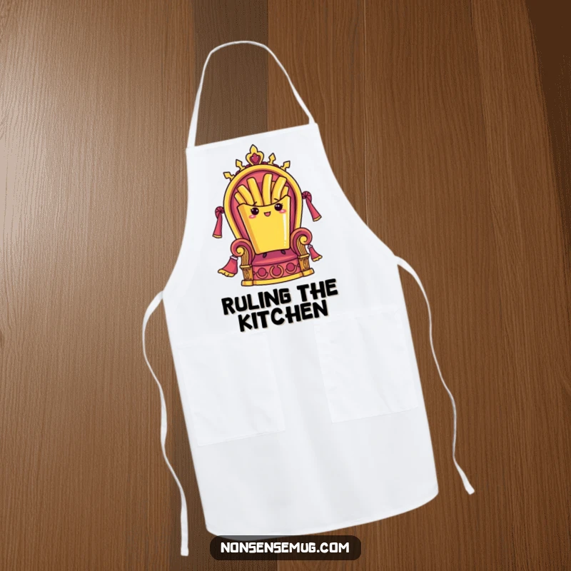 Funny apron showing a French fry standing proudly on a throne, ideal for chefs who like to rule their kitchen with humor.