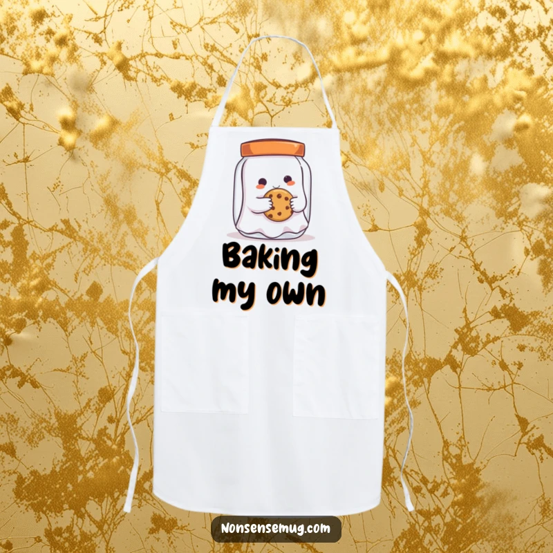 Funny mischievous ghost, reaching for a cookie in a jar, while wearing an apron, ready for humorous culinary capers.