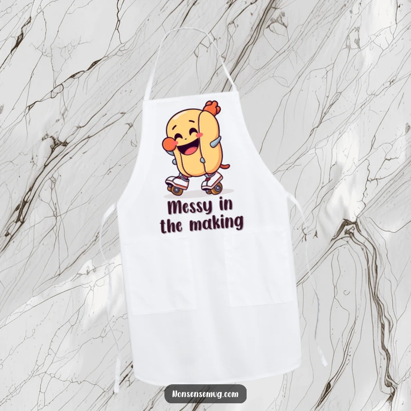 Funny apron: A hot dog wearing roller skates, comically losing its balance while cooking. Cheerful and functional kitchen accessory.