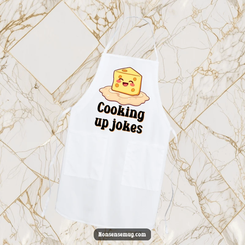 Funny Melting Cheese Apron: Cheese melting into laughter, adding hilarious humor to the kitchen.