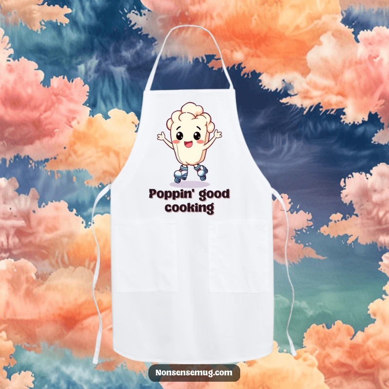 Funny bouncing popcorn kernel wearing tiny roller skates and looking exhilarated, on a kitchen apron, a brilliant funny gift.