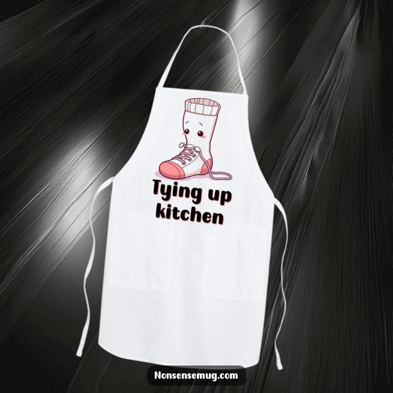 Funny sock character, tying its shoelaces, while wearing an apron, ready for humorous kitchen adventures.