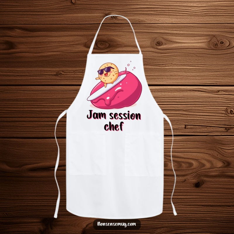 Funny kitchen apron showing a bagel in sunglasses surfing a jam blob, great for cooking enthusiasts.