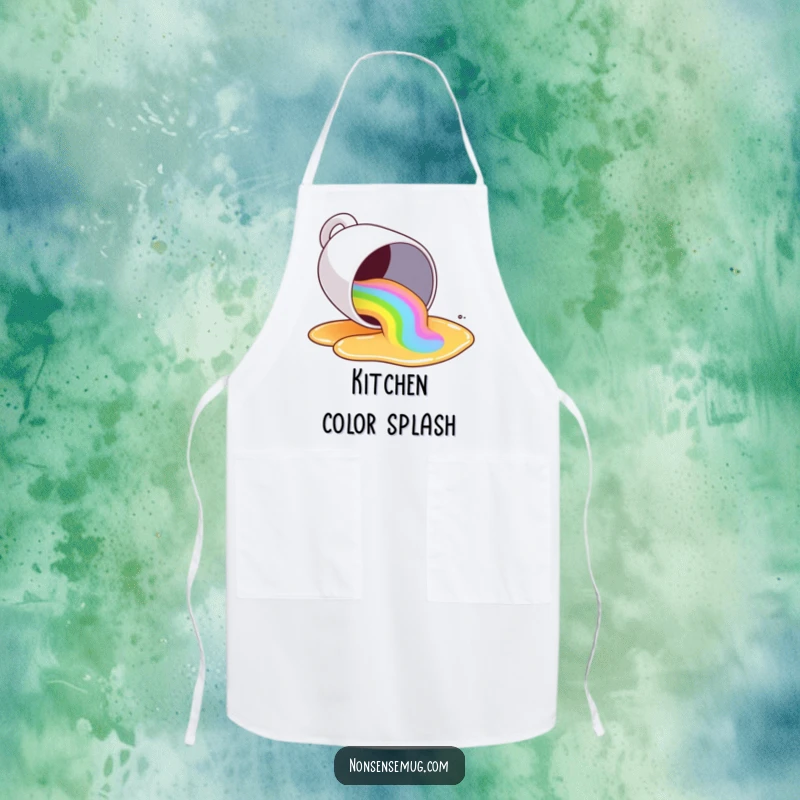 Funny coffee mug tipping over, spilling a rainbow of liquid, on a kitchen apron, humorous and creatively colorful.
