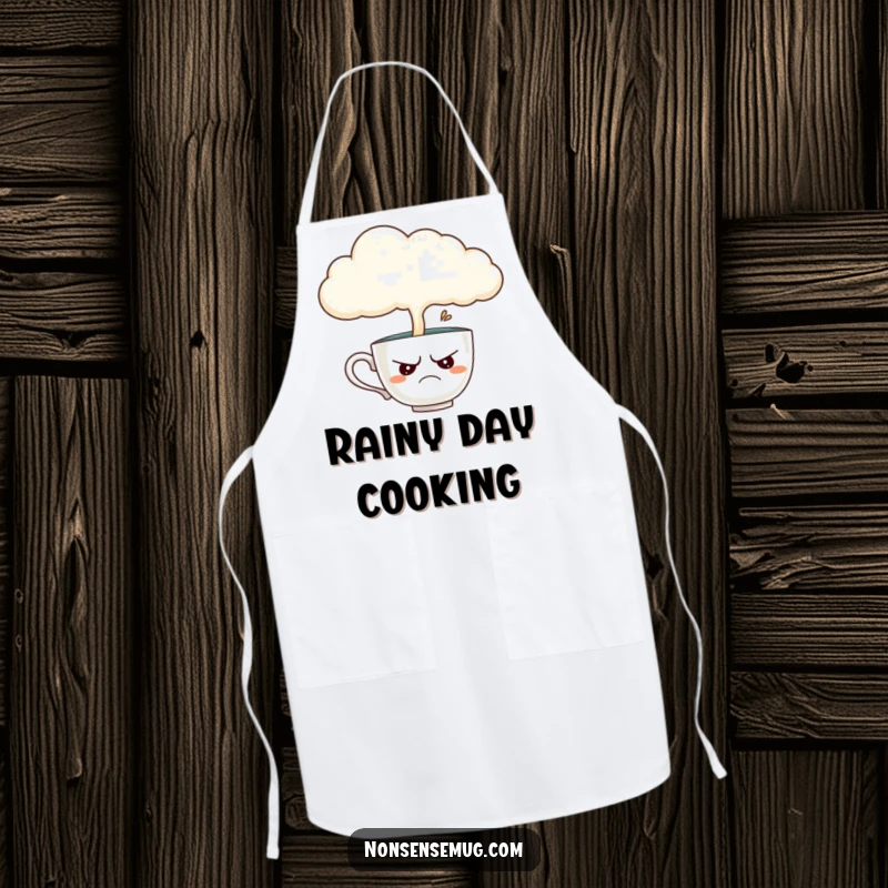 Funny apron featuring a disgruntled teacup catching rain from a cloud, ideal for cooks who appreciate a touch of dark humor.