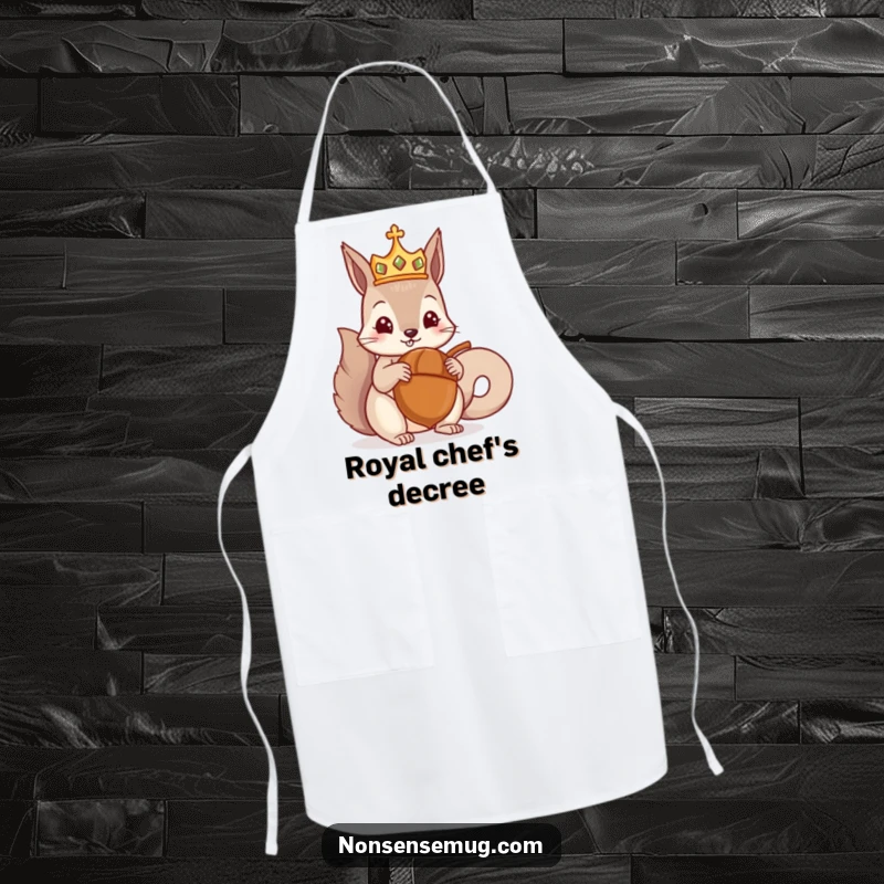 Funny apron featuring a crowned squirrel being presented with a giant acorn, ready to cook up a storm with regal nutty flair, great funny gift.