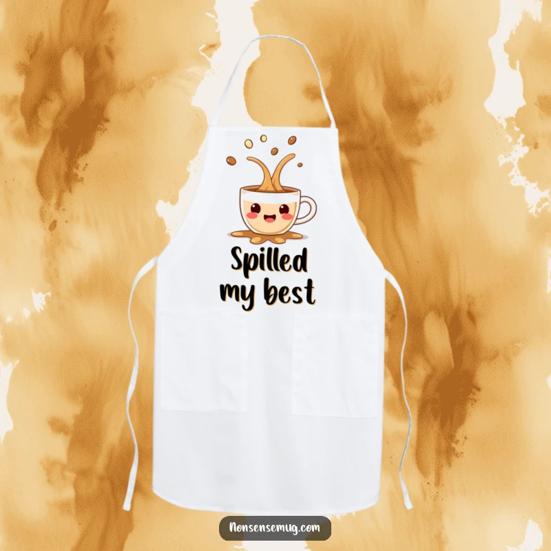 Funny apron design of a surprised coffee cup spilling joyfully, perfect for kitchen fun and adding a cheerful touch to cooking.