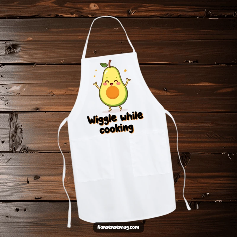 Funny Avocado Apron: A chef's apron with a funny avocado illustration doing a happy, energetic dance, perfect for kitchen fun.