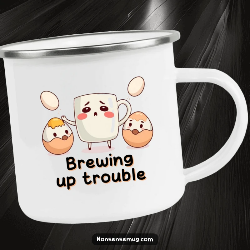 Funny camping mug of a bewildered coffee mug juggling eggs, durable and humorous for outdoor mornings.