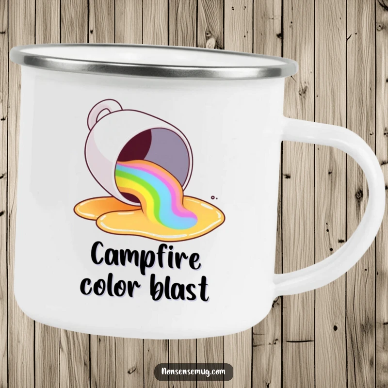 Funny coffee mug tipping over, spilling a rainbow of liquid, on a camping mug, colorful and humorous outdoor gear.