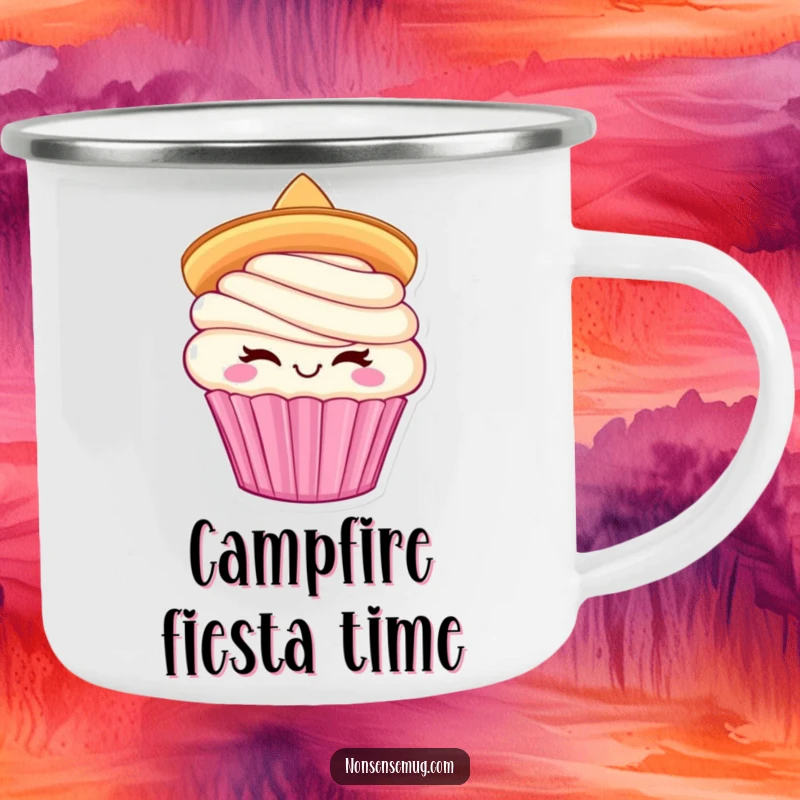 Funny Cupcake Sombrero Camping Mug: Winking cupcake with sombrero, perfect for festive and humorous adventures.