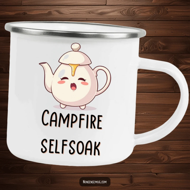 Funny camping mug: A teapot aggressively pours tea onto its own lid, creating a comical scene in nature.