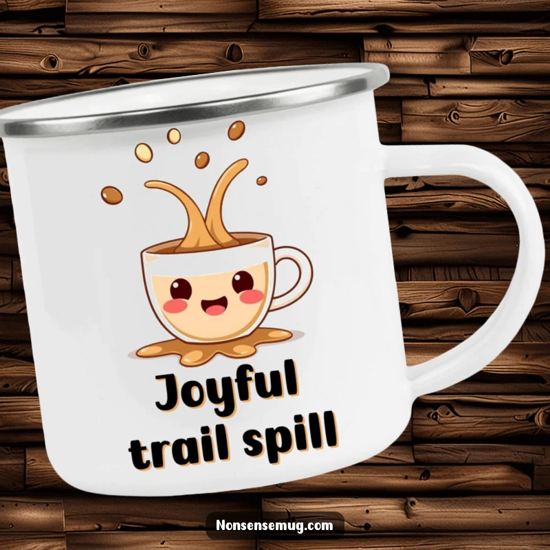 Funny camping mug with a surprised coffee cup spilling joyfully, built for outdoor adventures and adding a dose of morning humor.