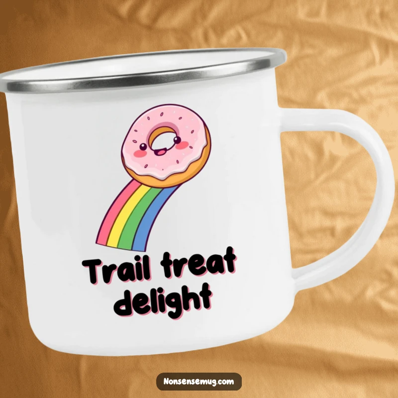 Funny camping mug featuring a delighted donut sliding down a colorful rainbow, ready for campfire mornings.