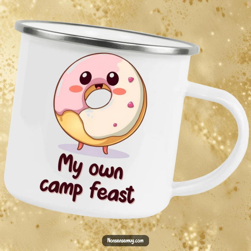 Funny donut camping mug, a durable cup with a playful donut attempting self-consumption, great for adventures.
