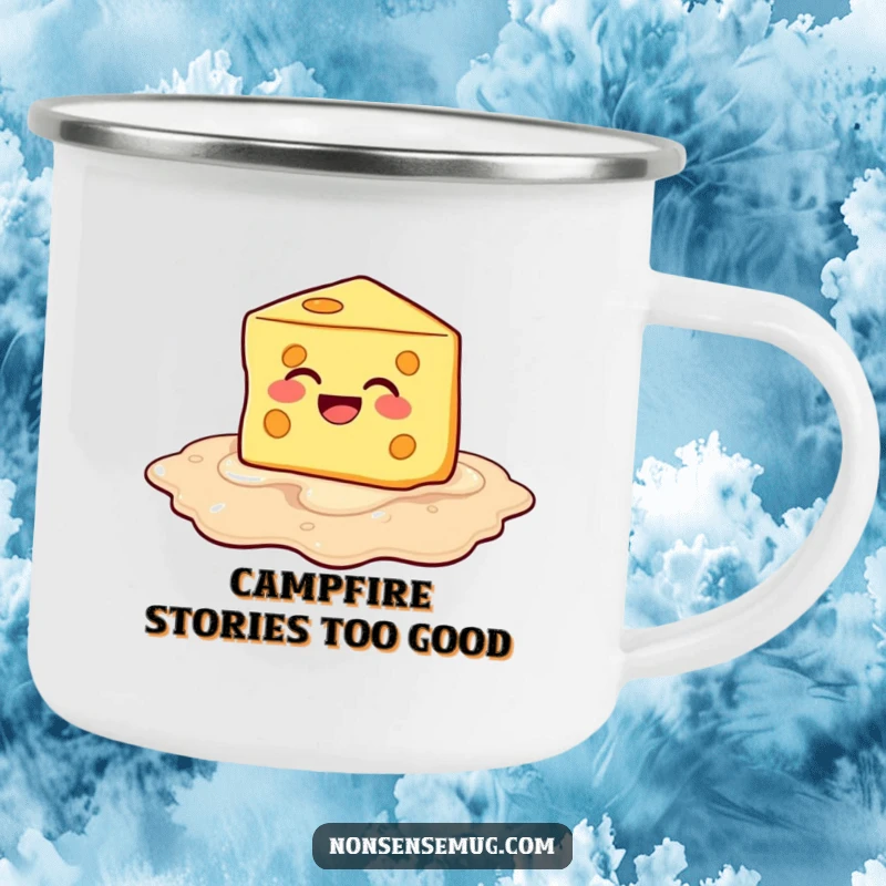 Funny Melting Cheese Camping Mug: Cheese melting into laughter, perfect for hilarious outdoor moments.