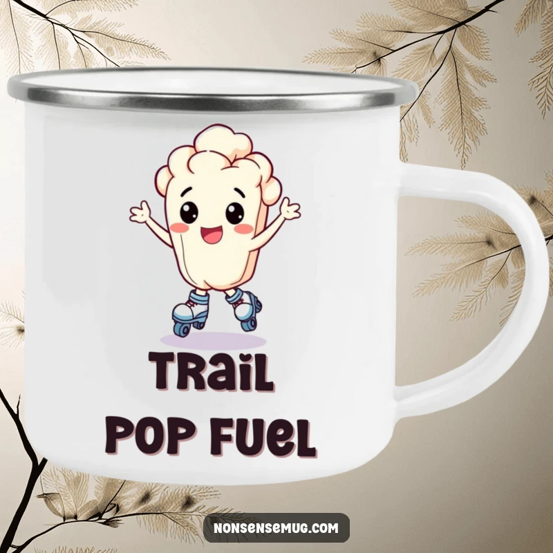 Funny bouncing popcorn kernel wearing tiny roller skates and looking exhilarated, on a camping mug, a great funny gift.
