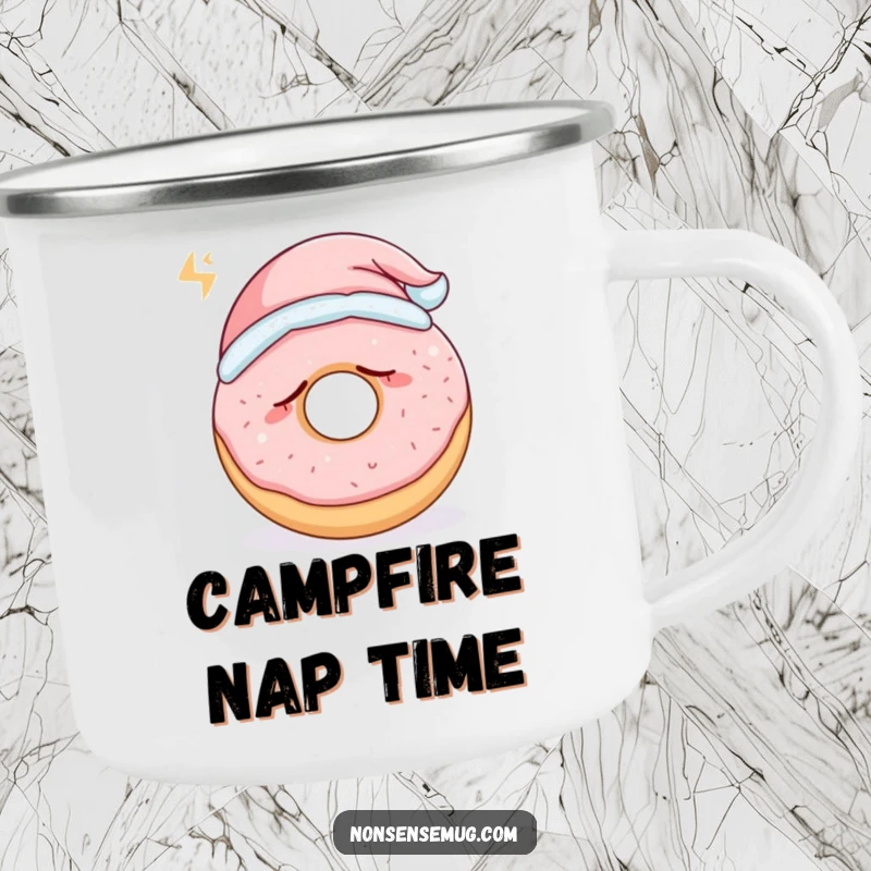 Funny sleepy donut wearing a tiny nightcap and snoring loudly, on a camping mug, a sweet funny gift.