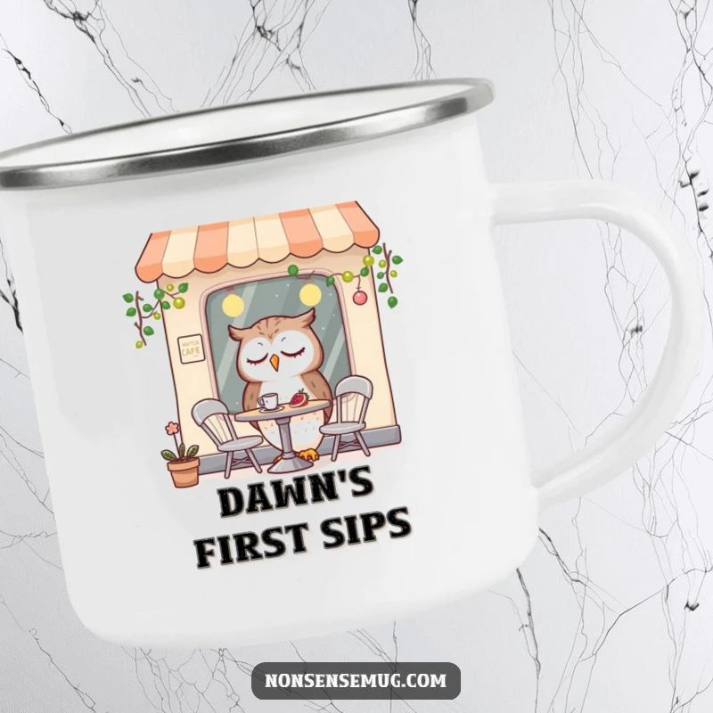 Funny enamel camping mug showcasing a sleepy owl character enjoying a drink in a tiny cafe, perfect for outdoor adventures.