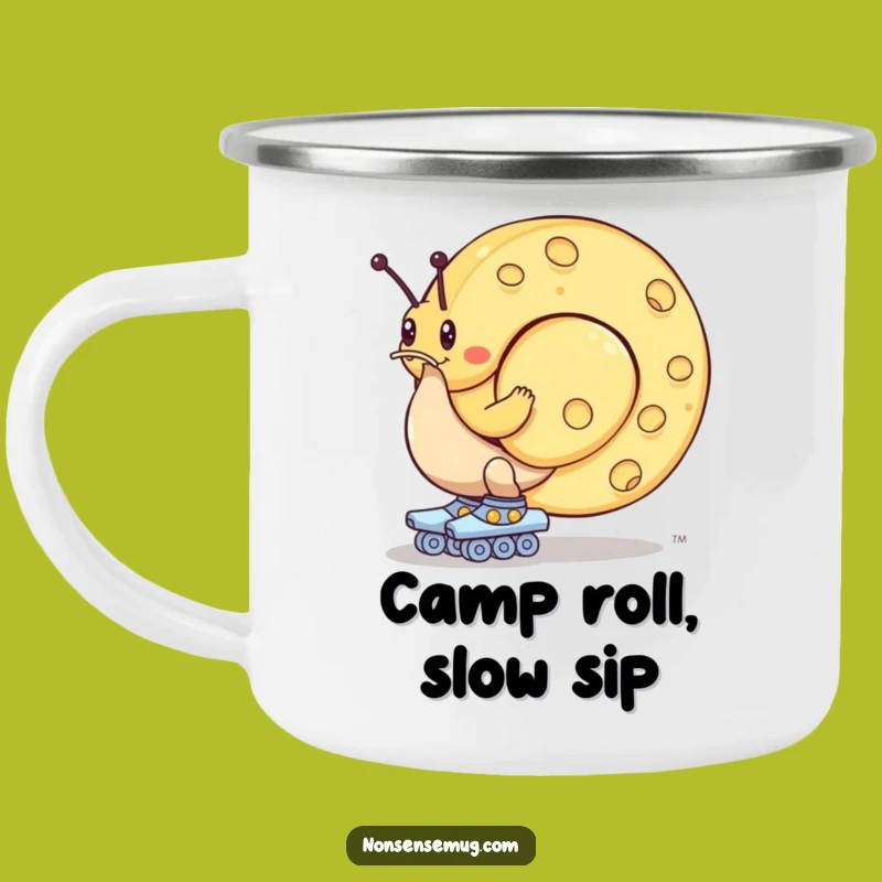 Funny Snail Cheese Camping Mug: Roller Skating Slowpoke with Giant Wheel, Outdoor Humor Gift