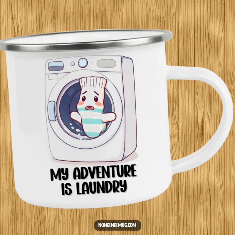 Funny sock fleeing a washing machine on a durable camping mug. Hilarious outdoor-themed humor and a great funny gift.