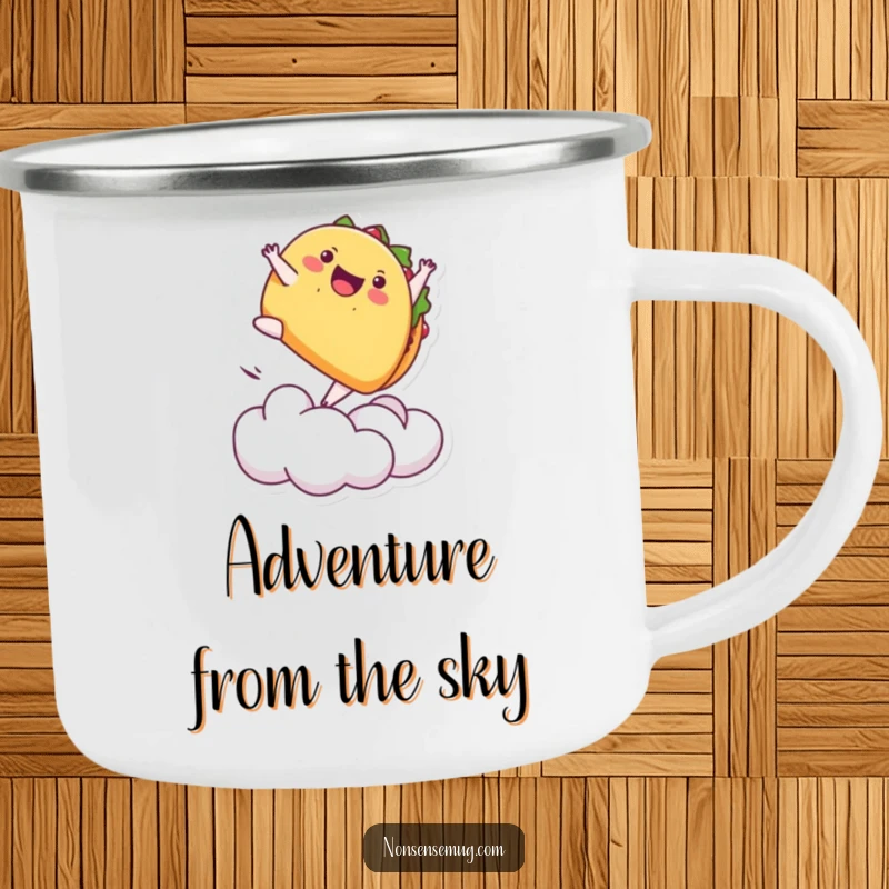 Funny camping mug of a playful taco doing a backflip off a cloud, durable and humorous for outdoor fun.
