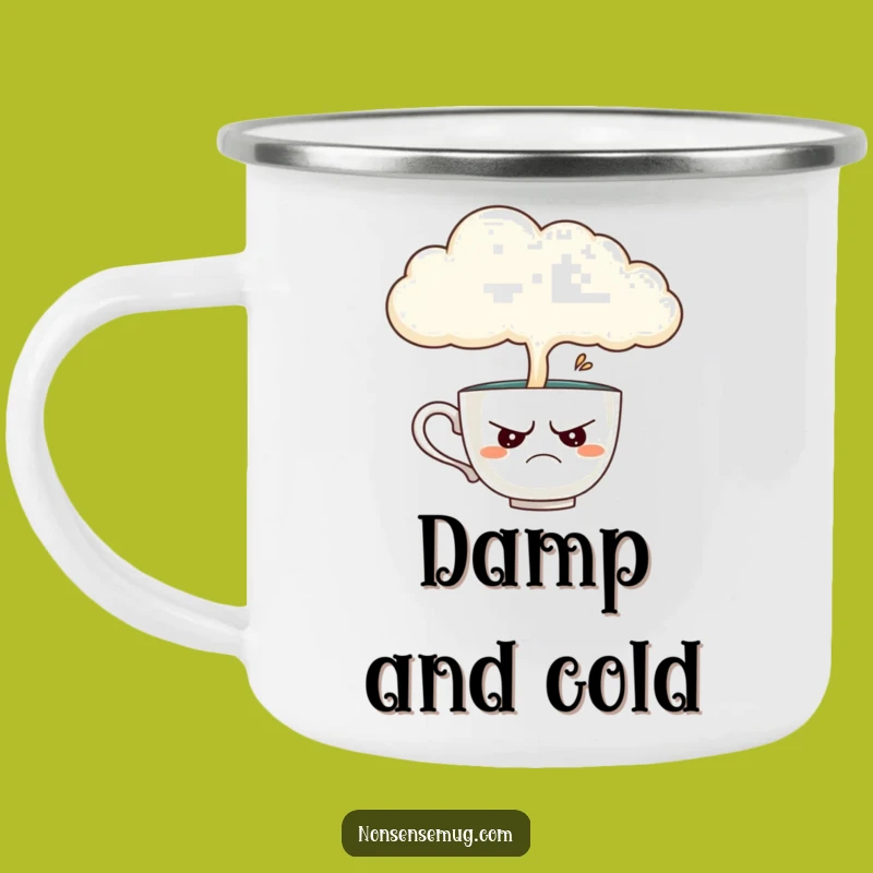Funny Teacup Camping Mug: Disgruntled Teacup Under Rainy Cloud, Moody Campfire Companion