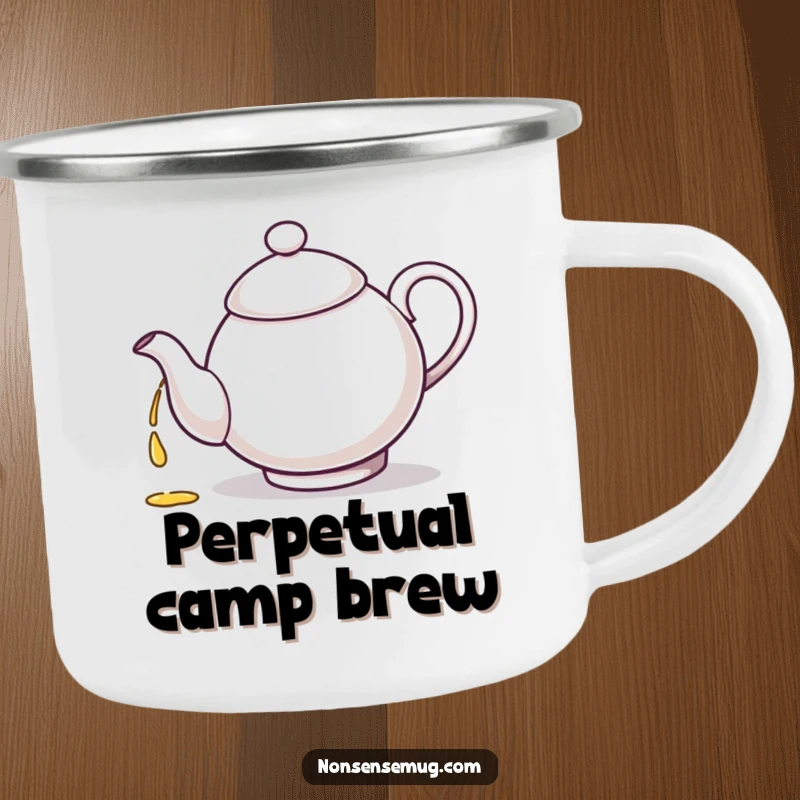 Funny teapot character, in a self-pouring loop, on a durable camping mug.