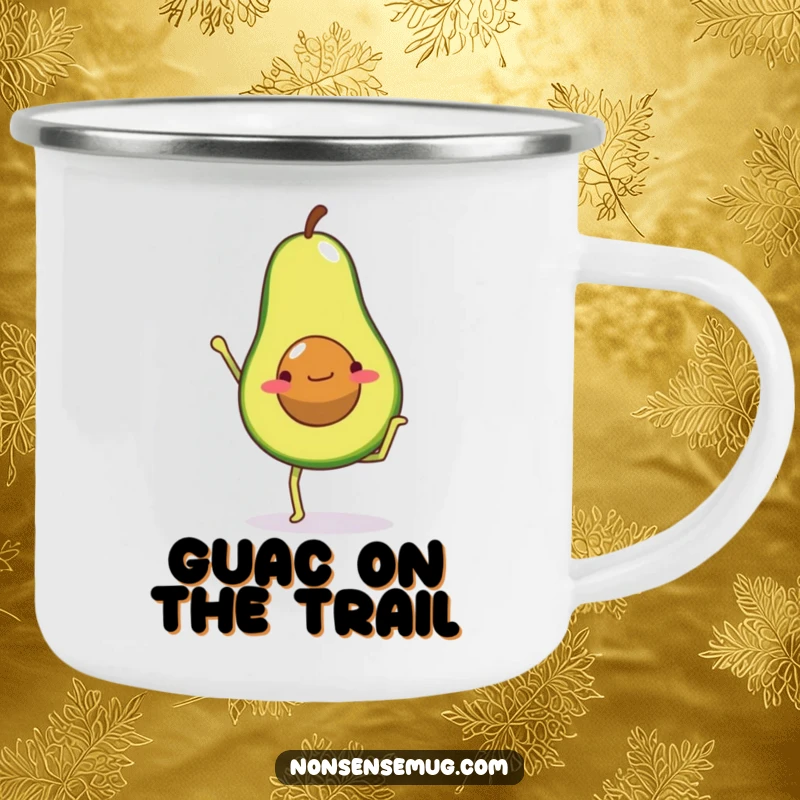 Funny camping mug showing an avocado with legs attempting a handstand, symbolizing a healthy and active lifestyle on the go.