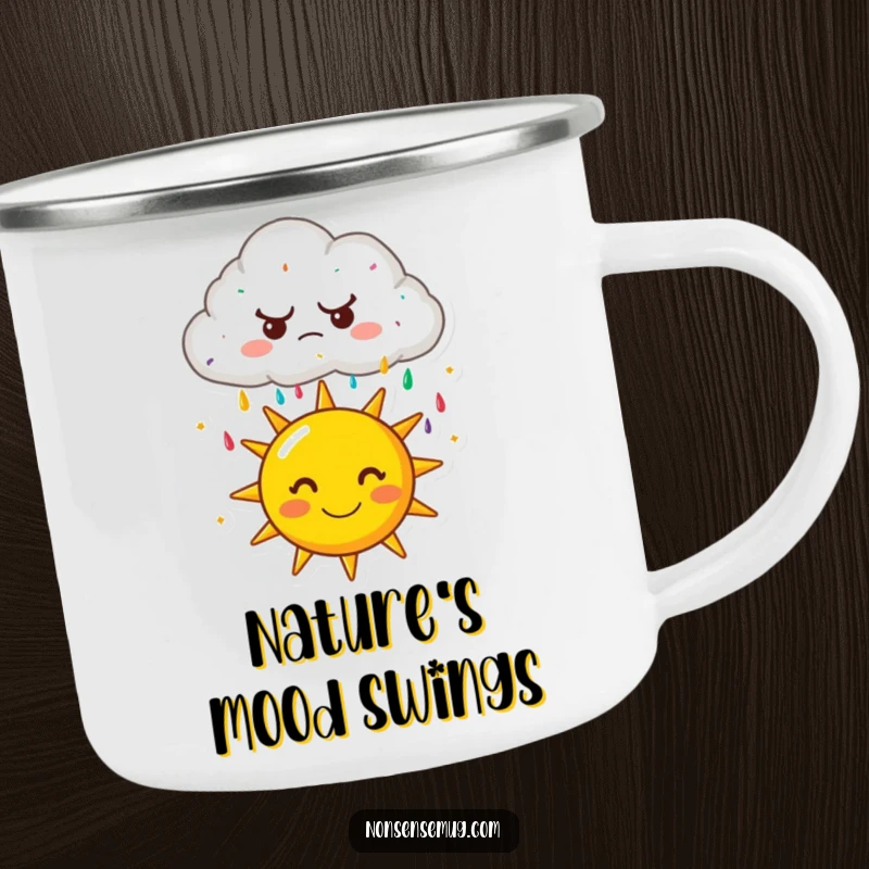 Funny camping mug: A grumpy cartoon cloud raining colorful sprinkles onto a happy sun. Rugged, durable, and humorously charming.