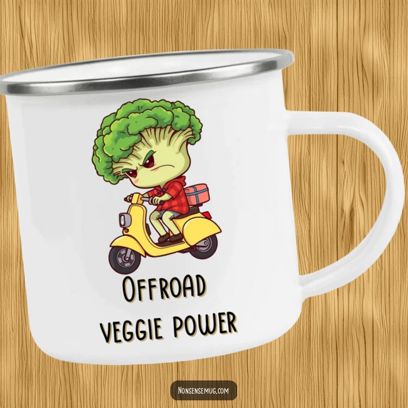Funny grumpy broccoli character riding backwards on a tiny scooter on a durable camping mug.