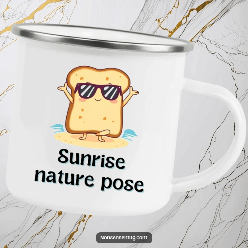 Funny slice of toast wearing sunglasses, doing yoga on a beach, on a humorous camping mug.