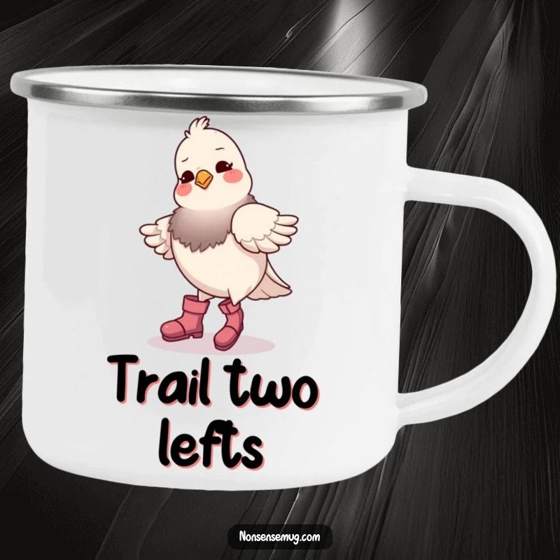 Funny pigeon wearing boots, trying to dance, on a sturdy camping mug, ready for outdoor adventures and humorous moments.