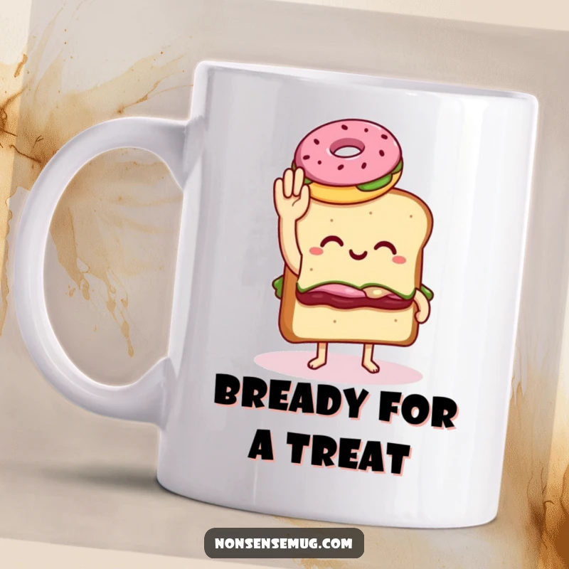 Funny mug depicting a sandwich with legs awkwardly attempting a high five with a donut, celebrating quirky friendships.
