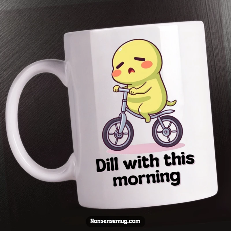 Funny Pickle Mug: A determined pickle character precariously balancing on a unicycle, showcasing perseverance and humor.