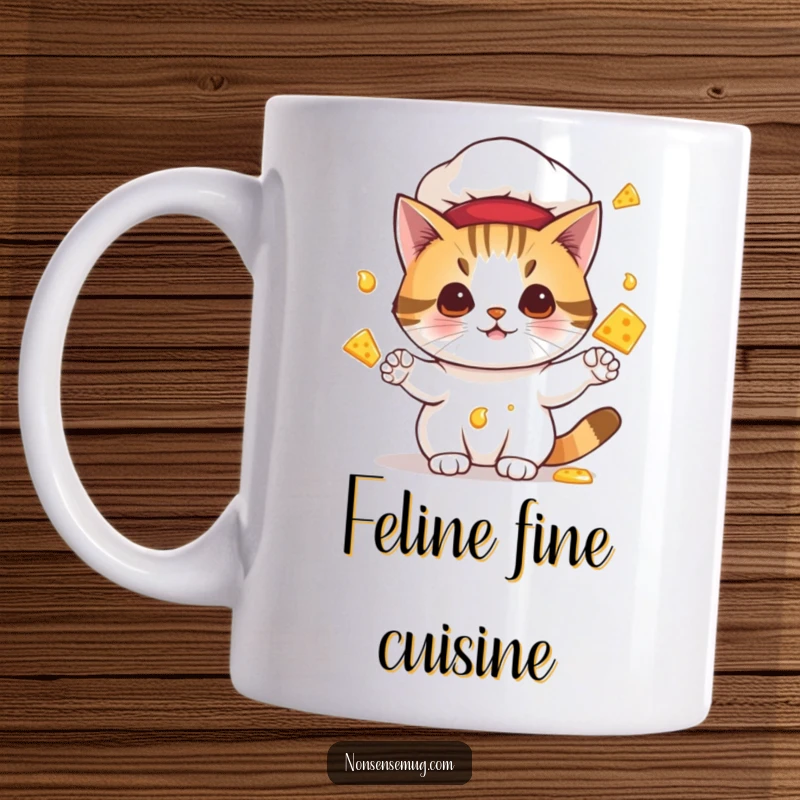 Funny mug showing a cat wearing a chef hat, comically juggling dripping, melting cheese, a hilarious kitchen disaster scene.