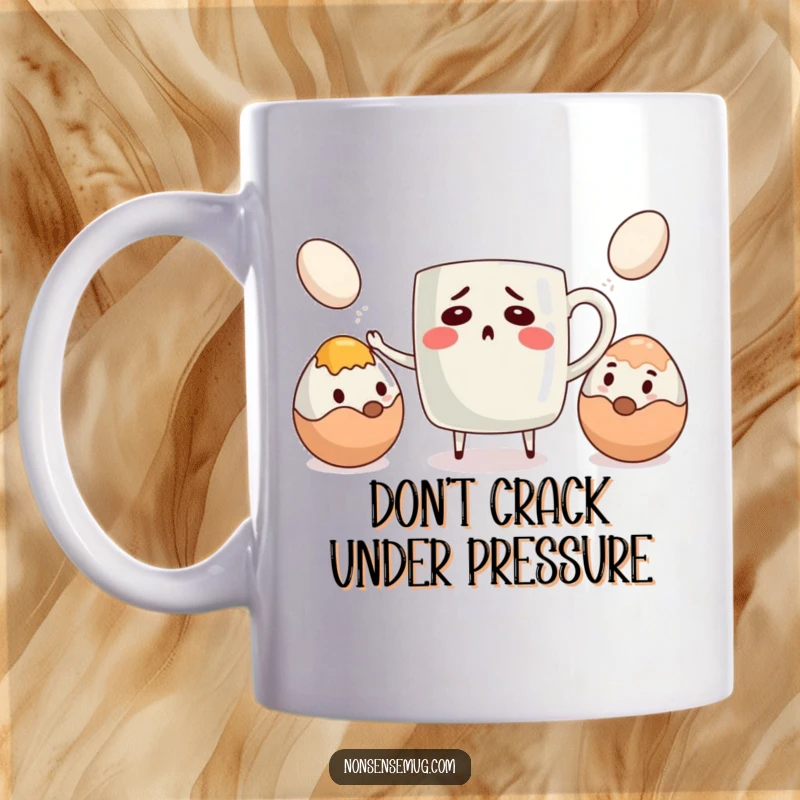 Funny mug showing a bewildered coffee mug attempting to juggle eggs, perfectly capturing morning struggles with humor.