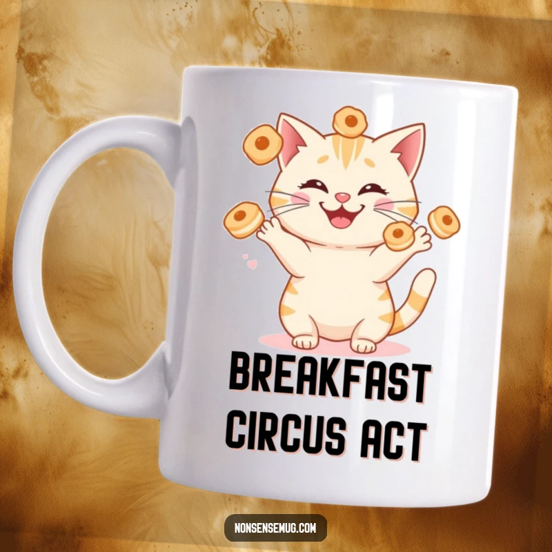 Funny cat juggling sentient breakfast pastries with a silly grin, looking expertly mischievous on this mug. A hilarious pet gift.