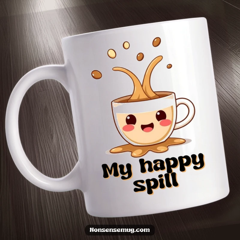 Funny mug depicting a surprised coffee cup spilling its contents joyfully, capturing a moment of caffeinated, comical excitement.