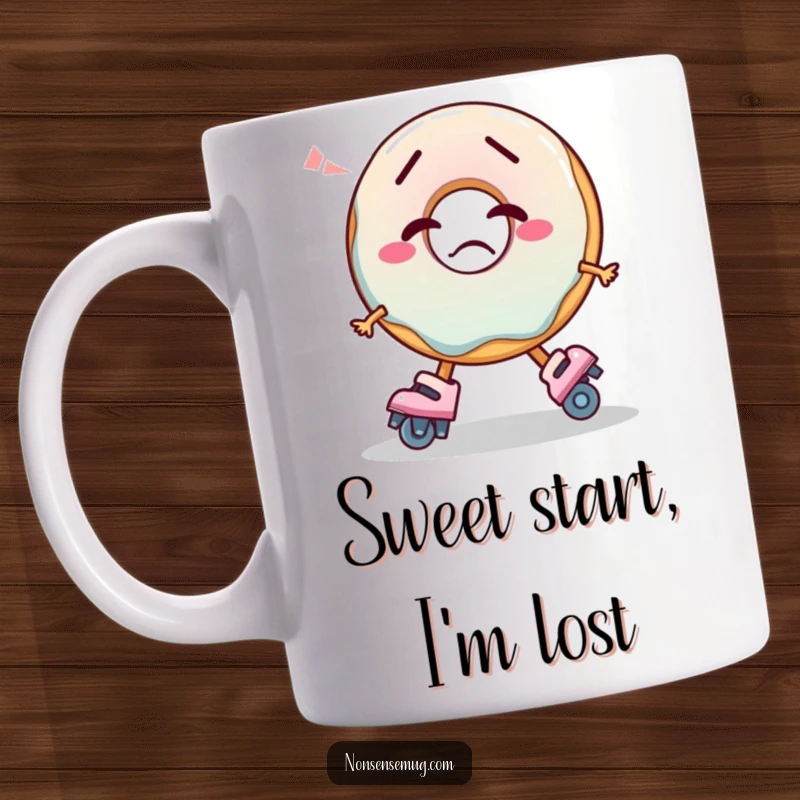Funny Mug depicting a confused donut hilariously attempting to wear roller skates, showcasing bewilderment.