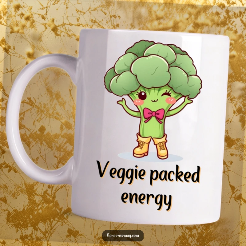 Funny dancing broccoli wearing tiny boots and a bow, busting a move, perfect for a funny gift mug.