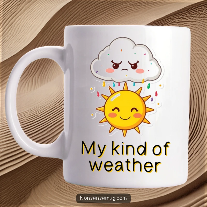 Funny mug: A grumpy cloud raining colorful sprinkles down onto a beaming, smiling sun. Contrasting emotions in a whimsical cartoon.