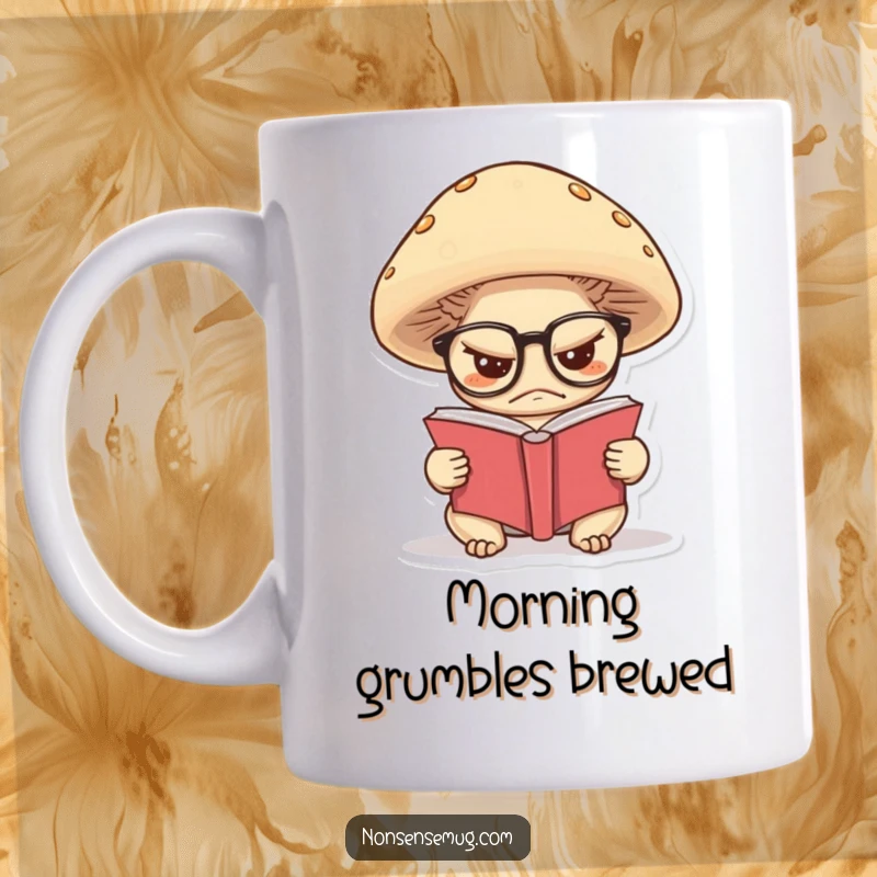 Funny mug of a grumpy mushroom wearing glasses, intently reading a tiny book, embodying a scholarly and solitary mood.