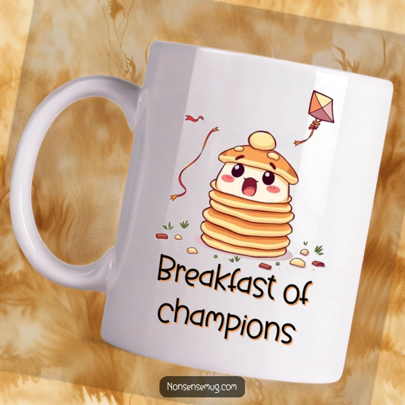 Funny mug featuring a surprised stack of pancakes hilariously failing to fly a kite, embodying breakfast chaos.