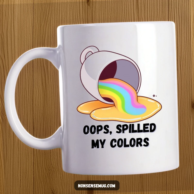 Funny coffee mug tipping over, spilling a rainbow of liquid, on a mug, celebrating colorful chaos and joy.
